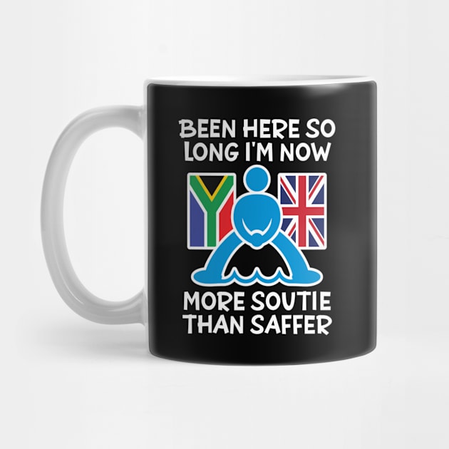 Now More Soutie Than Saffer - Funny design showing the flags of South Africa and the United Kingdom with a pictogram soutie straddling the water between the two. by RobiMerch